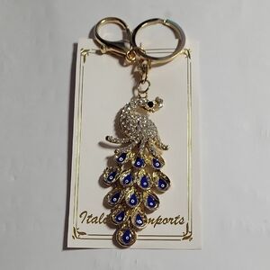 Gold and Blue Peacock Keychain by